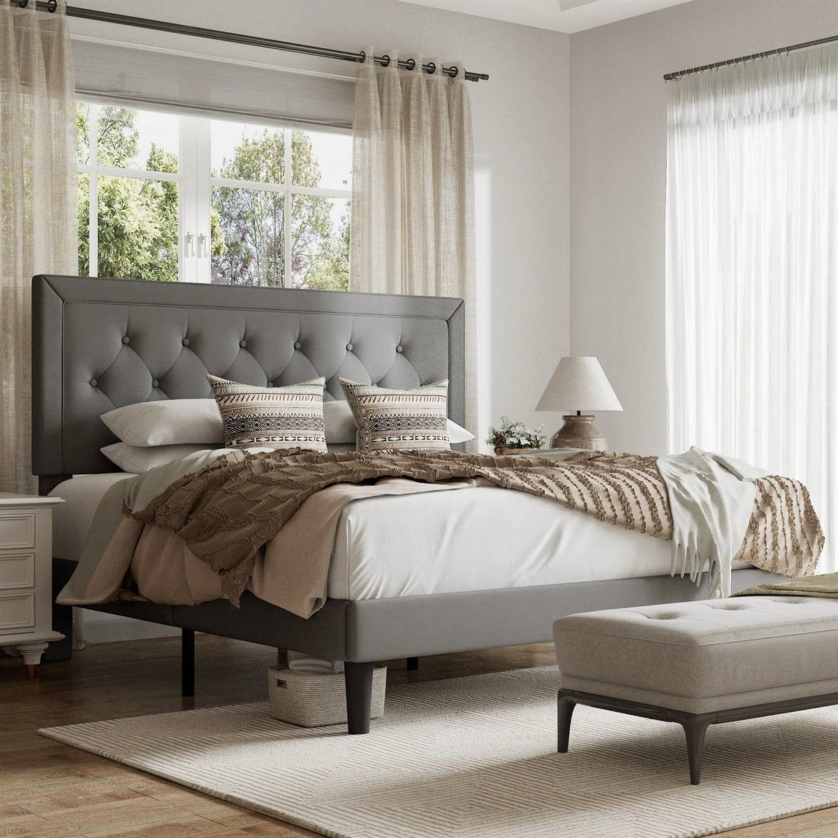 Queen Grey Linen Upholstered Platform Bed Frame with Button-Tufted Headboard-0