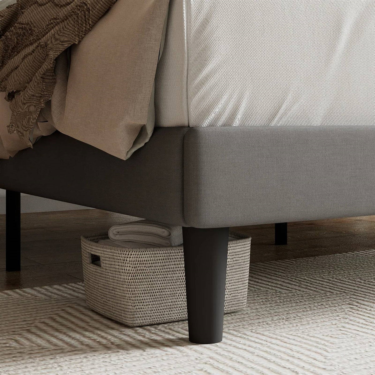 Queen Grey Linen Upholstered Platform Bed Frame with Button-Tufted Headboard-2