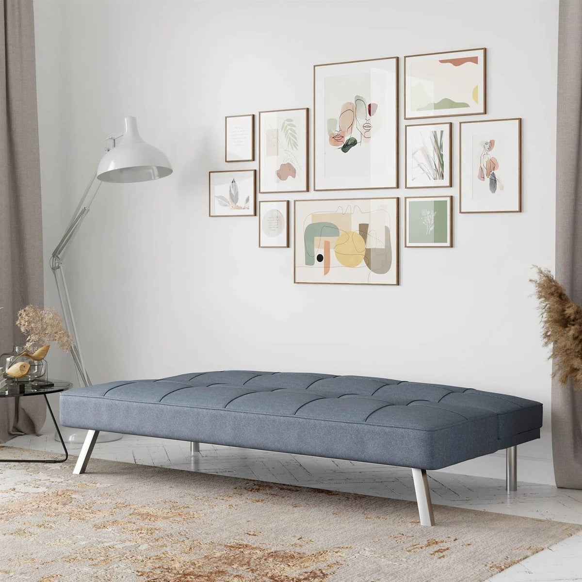 Modern Futon Sofa Bed in Light Gray Fabric with Chrome Metal Legs-1