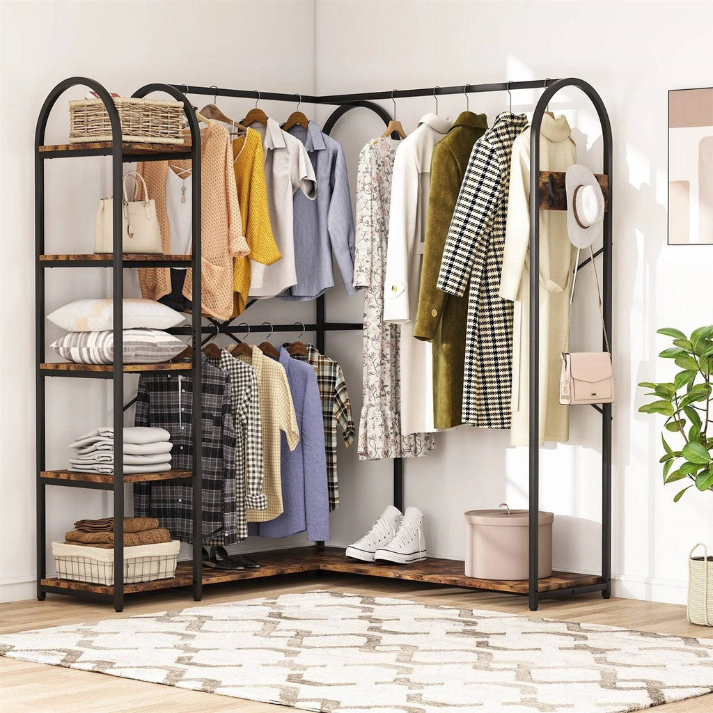 Corner L-Shaped Garment Rack with Clothing Hanging Rods and Storage Shelves-1