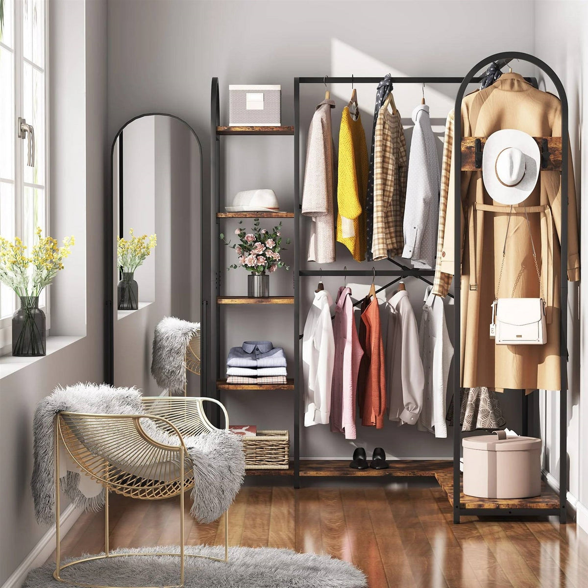 Corner L-Shaped Garment Rack with Clothing Hanging Rods and Storage Shelves-3
