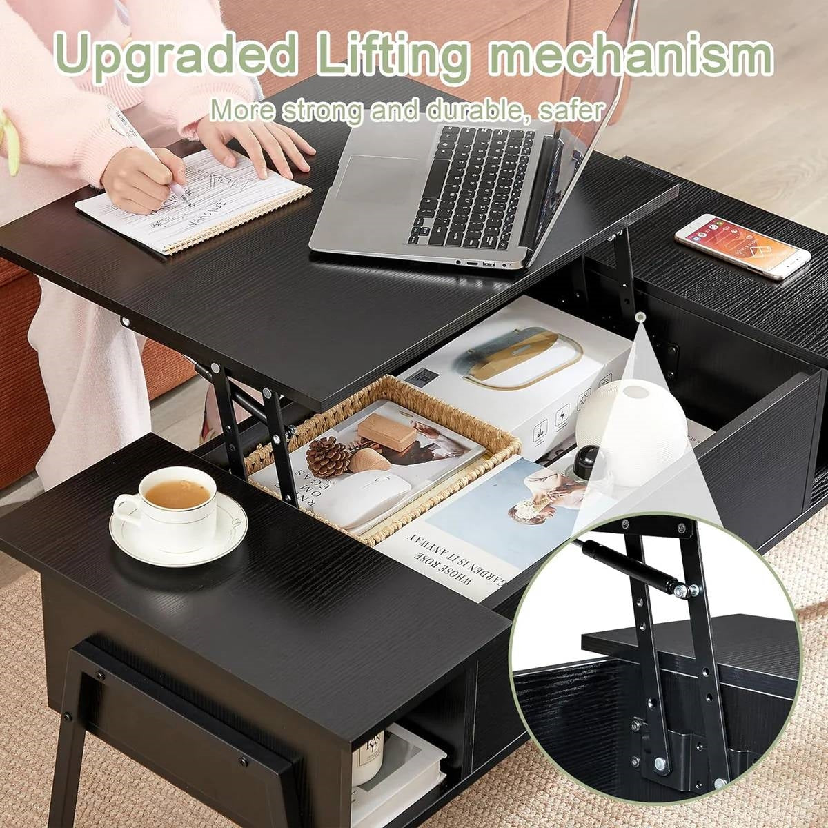 Modern Lift-Top Coffee Table Laptop Desk with Storage Shelf in Black Wood Finish-2