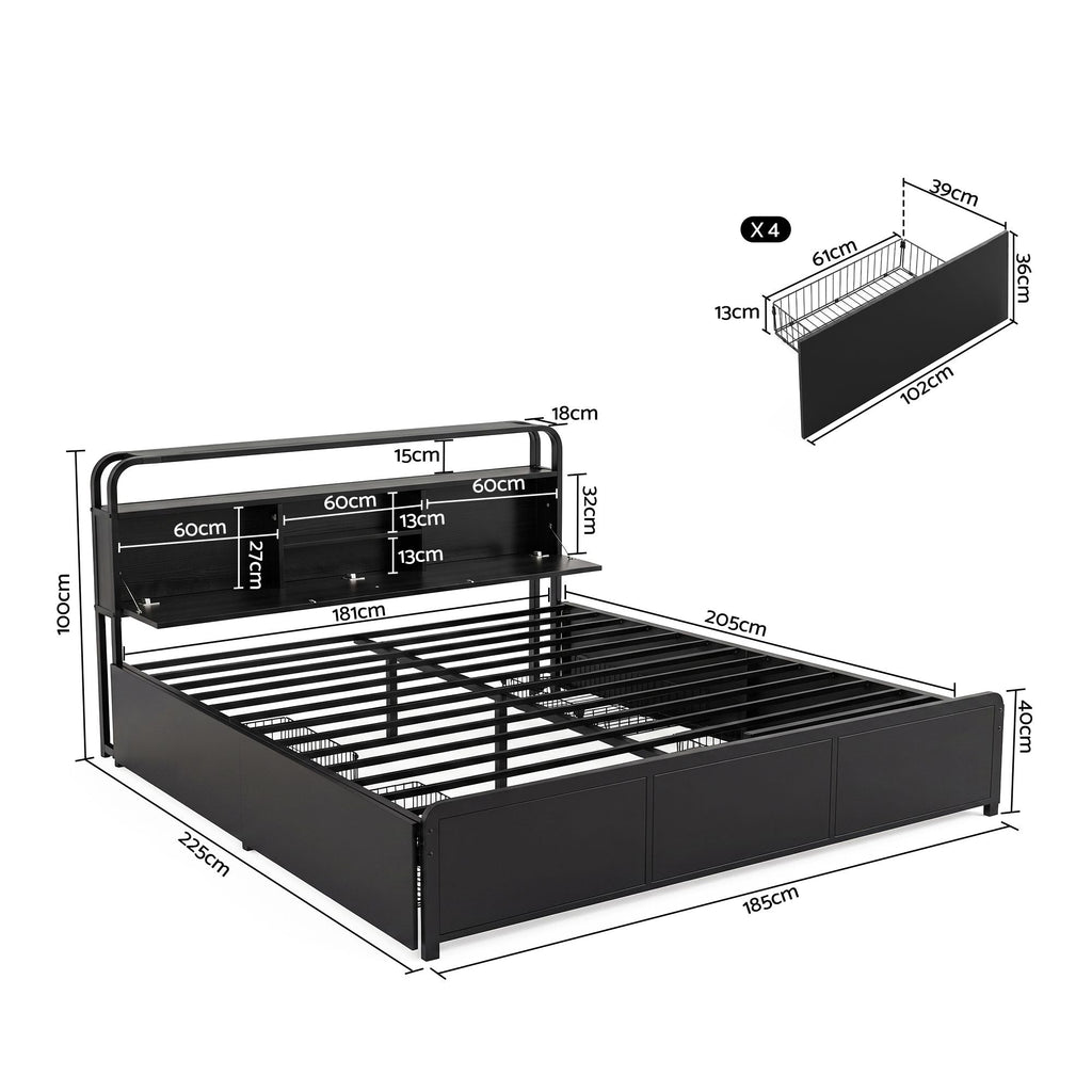 Artiss King Metal Bed Frame 4 Drawers Hidden Storage Headboard HEDY-2