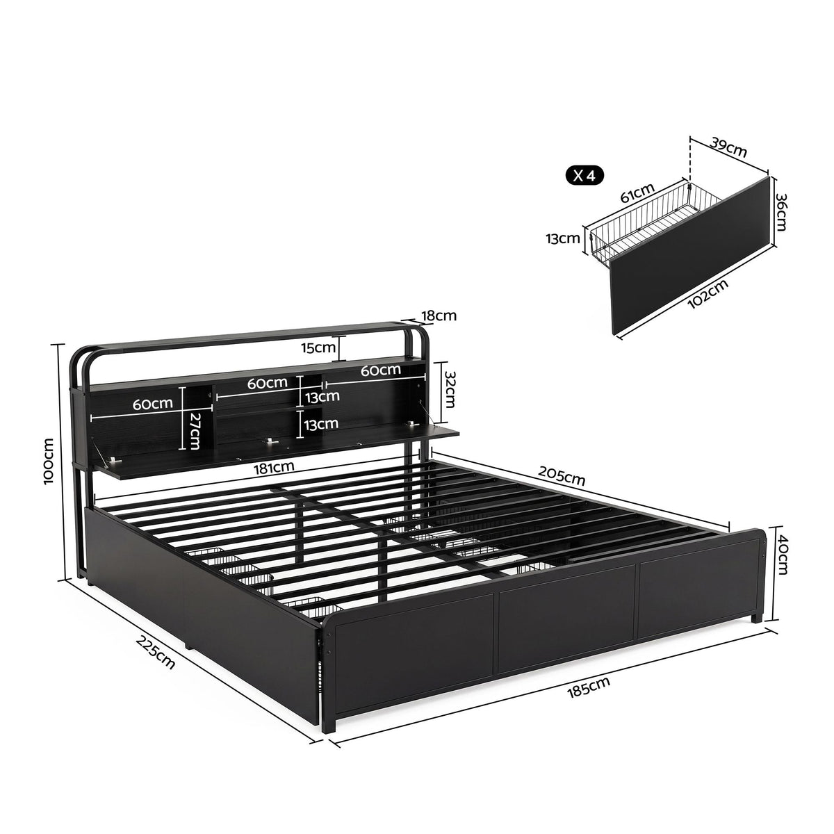 Artiss King Metal Bed Frame 4 Drawers Hidden Storage Headboard HEDY-2