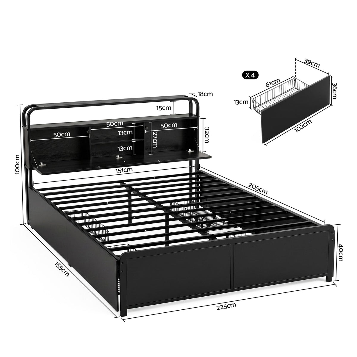 Artiss Queen Metal Bed Frame 4 Drawers Hidden Storage Headboard HEDY-2