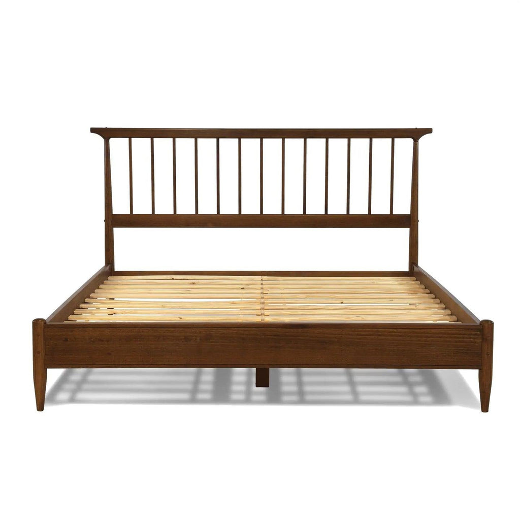 Queen Size Hardwood Mid Century Platform Bed Frame with Headboard in Walnut-1