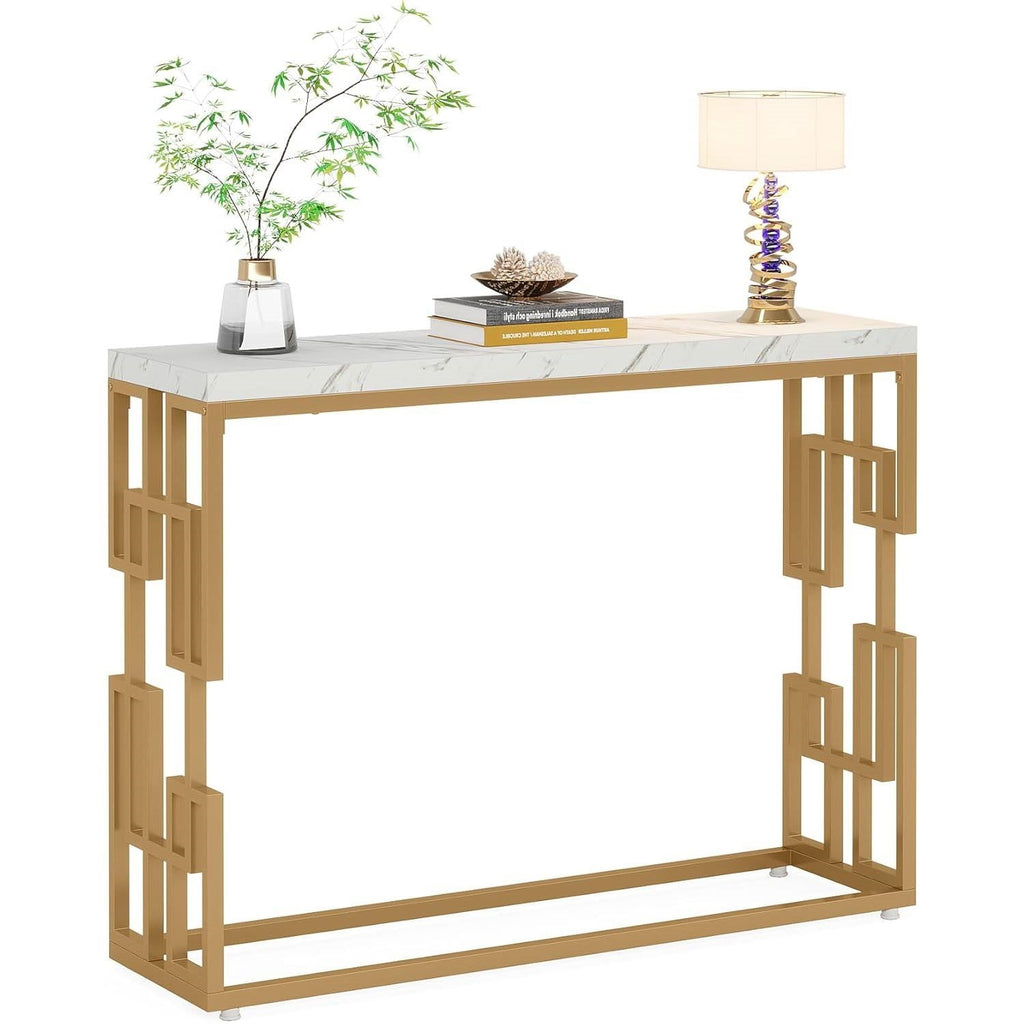 42-inch Modern Console Sofa Table with White Faux Marble Top and Gold Frame-1