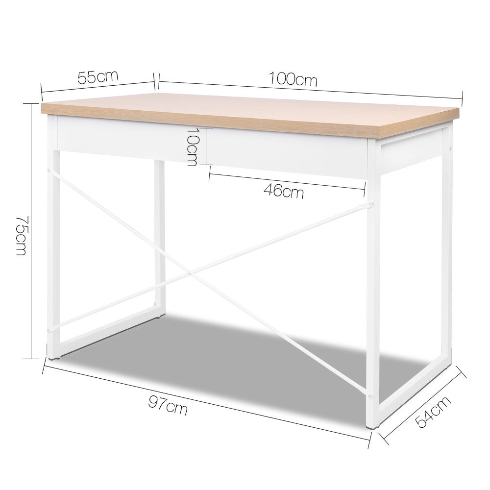 NNEDSZ Metal Desk with Drawer - White with Wooden Top-1