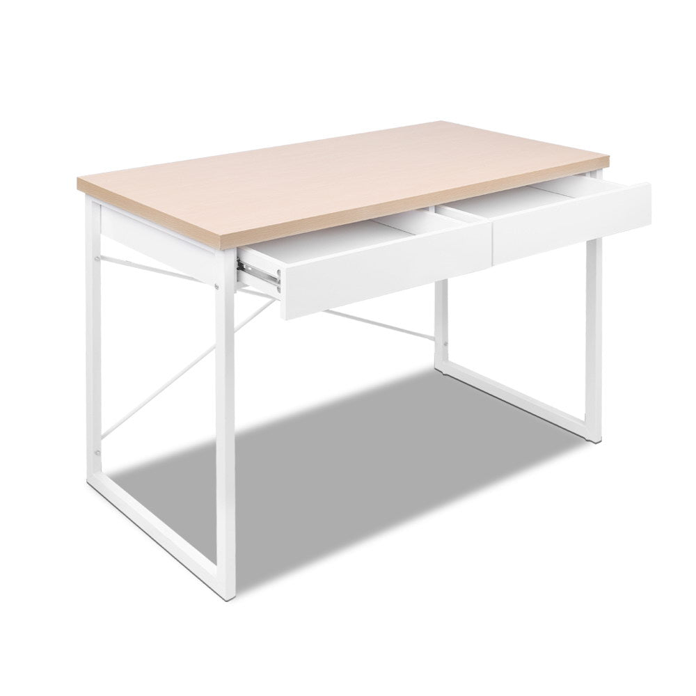 NNEDSZ Metal Desk with Drawer - White with Wooden Top-2