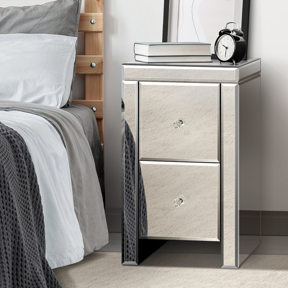 NNEED Bedside Table 2 Drawers Mirrored Nightstand-4