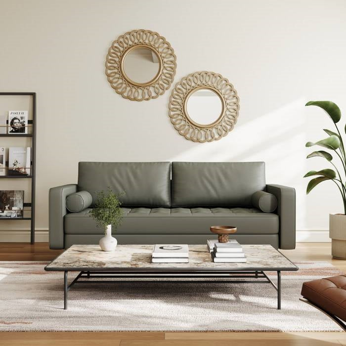 Grey Upholstered Faux Leather Sofa w/ Pillows Solid Hardwood Legs-0