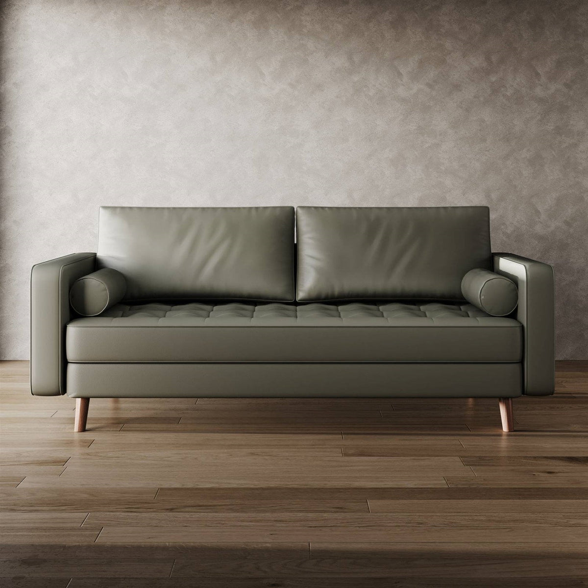 Grey Upholstered Faux Leather Sofa w/ Pillows Solid Hardwood Legs-1