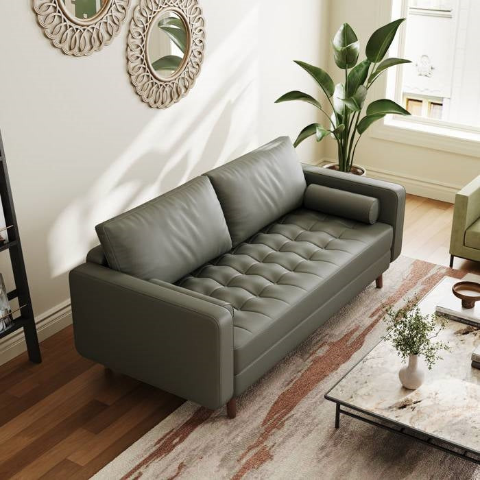 Grey Upholstered Faux Leather Sofa w/ Pillows Solid Hardwood Legs-3