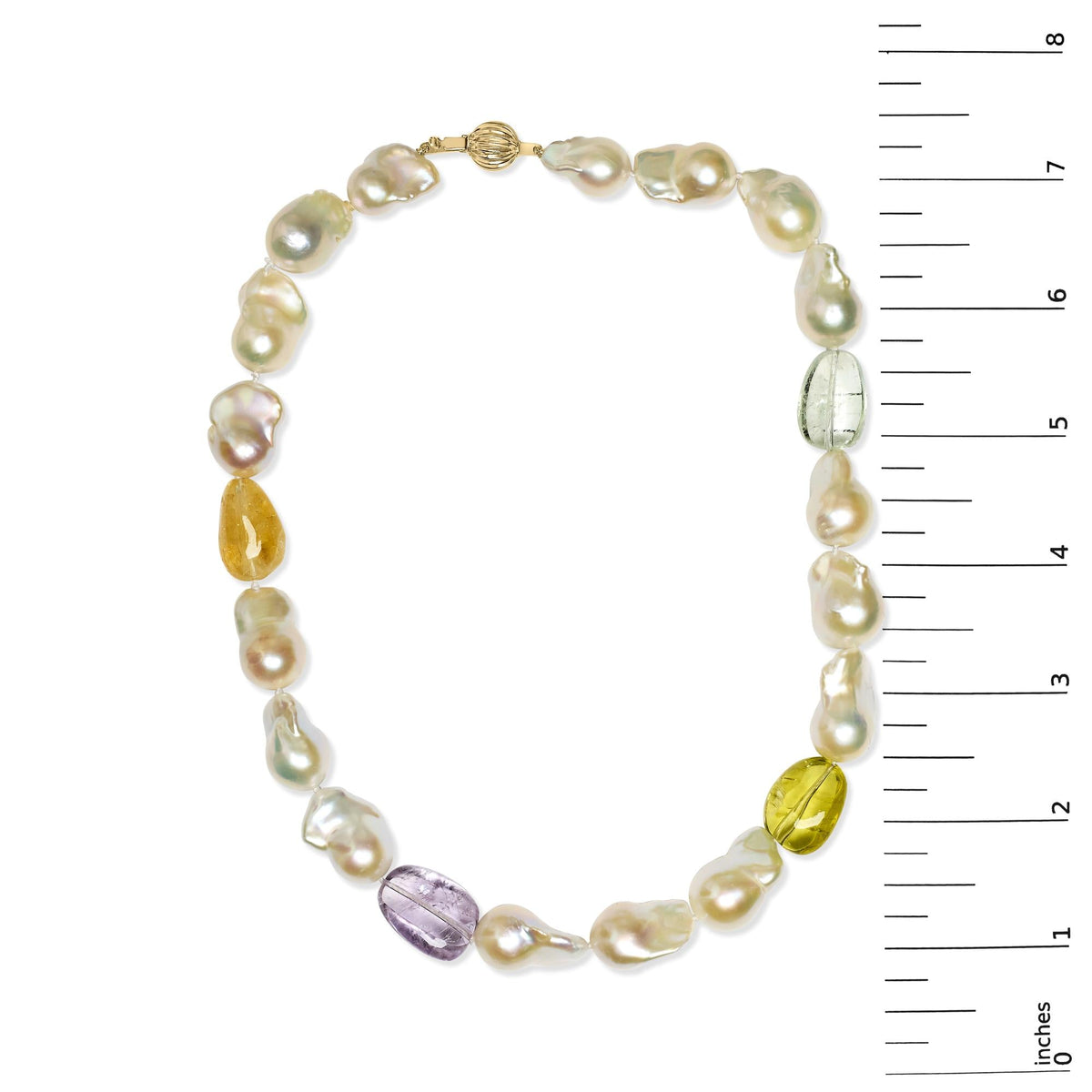 14K Yellow Gold Citrine, Amethyst, and Baroque Pearl Strand Necklace - 18" Inches