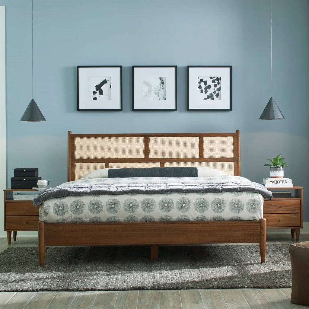 Queen Size Hardwood Platform Bed Frame with Cane Paneling Headboard in Walnut-2
