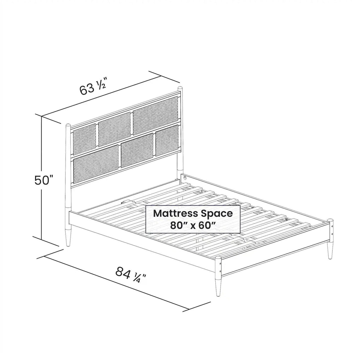 Queen Size Hardwood Platform Bed Frame with Cane Paneling Headboard in Walnut-4