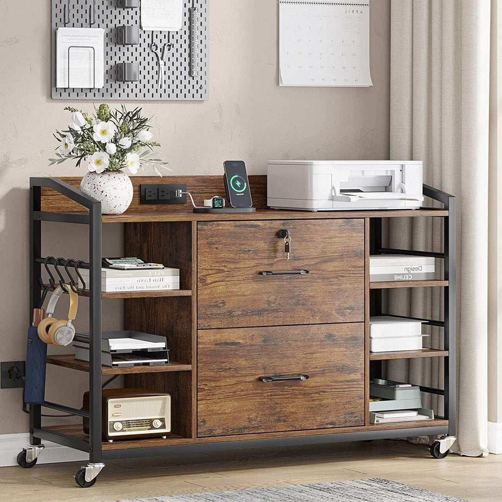 Brown Printer Stand Bookcase Power Station Mobile Office File Cabinet-0