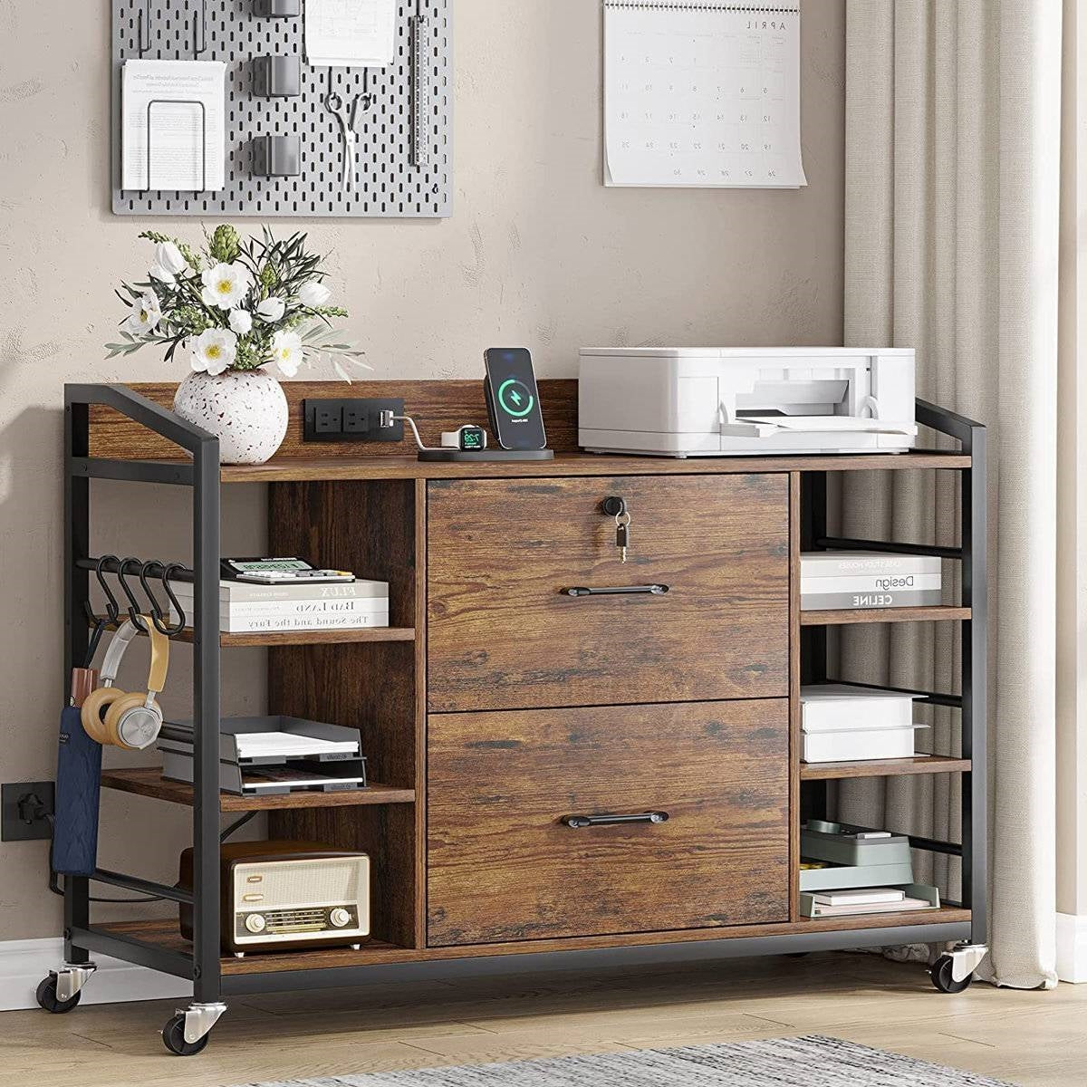 Brown Printer Stand Bookcase Power Station Mobile Office File Cabinet-0