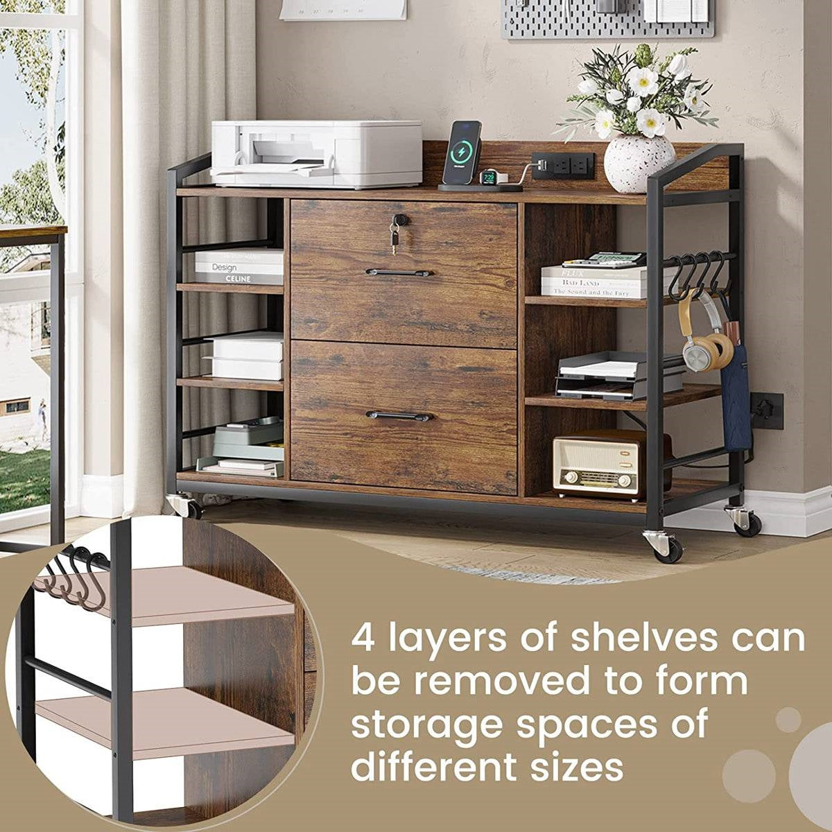Brown Printer Stand Bookcase Power Station Mobile Office File Cabinet-2