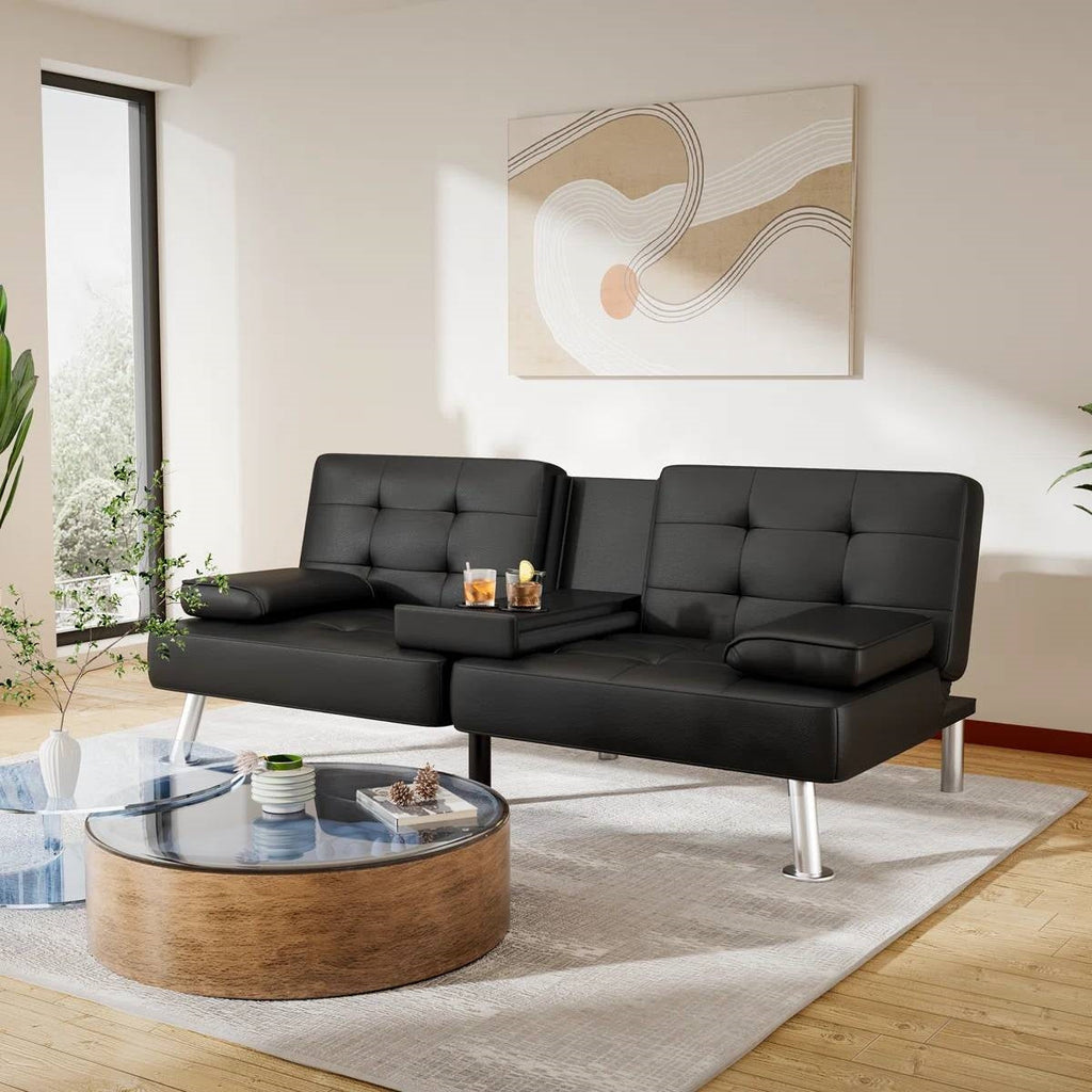 Modern Black Faux Leather Futon Sofa Bed with Armrest and Metal Legs-0
