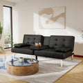 Modern Black Faux Leather Futon Sofa Bed with Armrest and Metal Legs-0