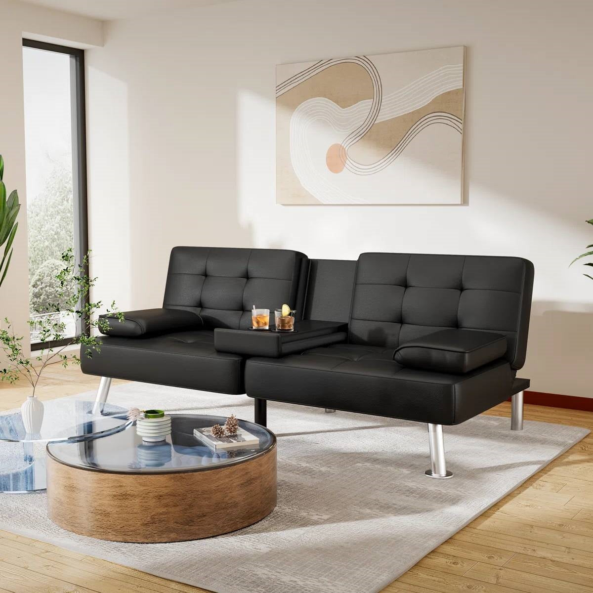 Modern Black Faux Leather Futon Sofa Bed with Armrest and Metal Legs-0
