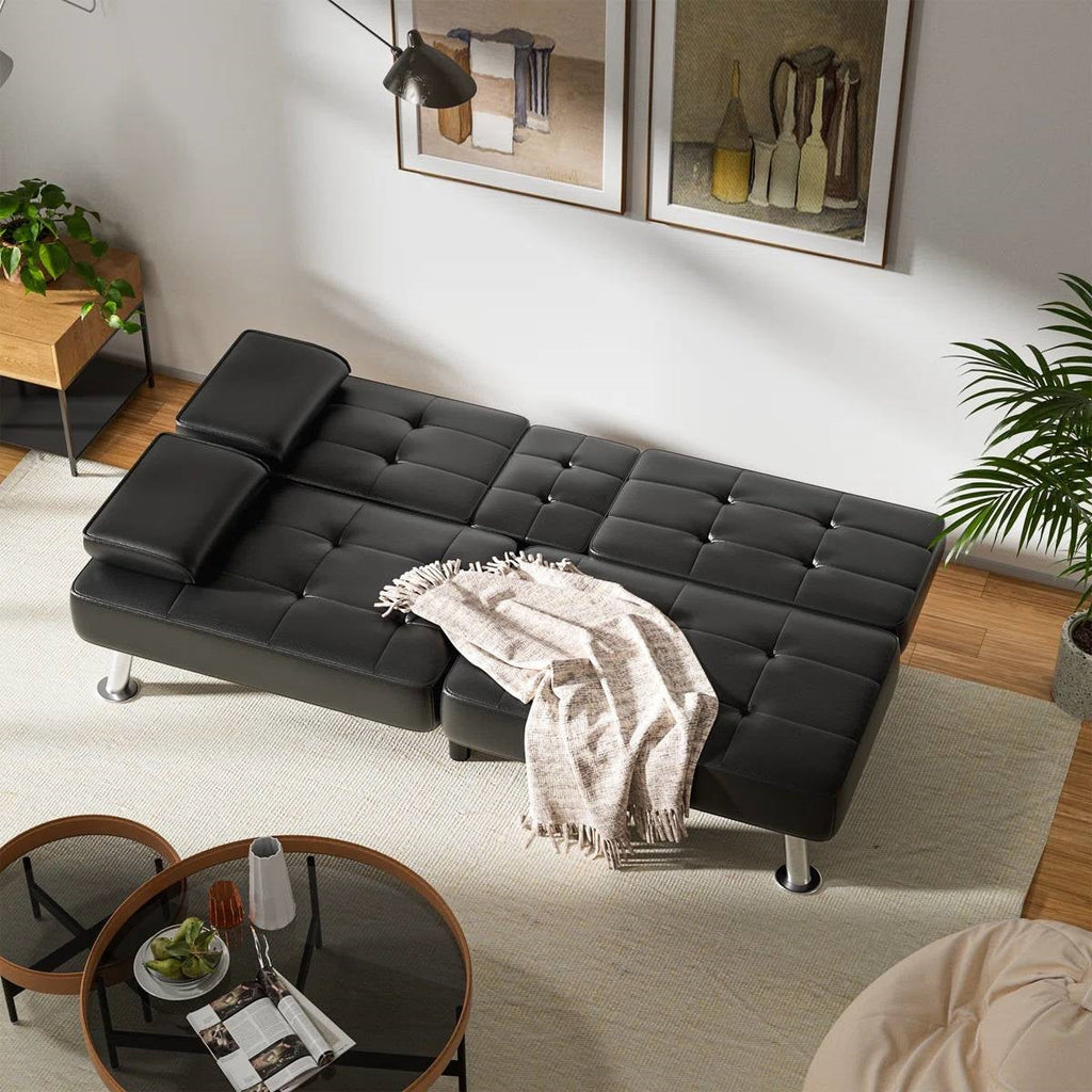 Modern Black Faux Leather Futon Sofa Bed with Armrest and Metal Legs-1