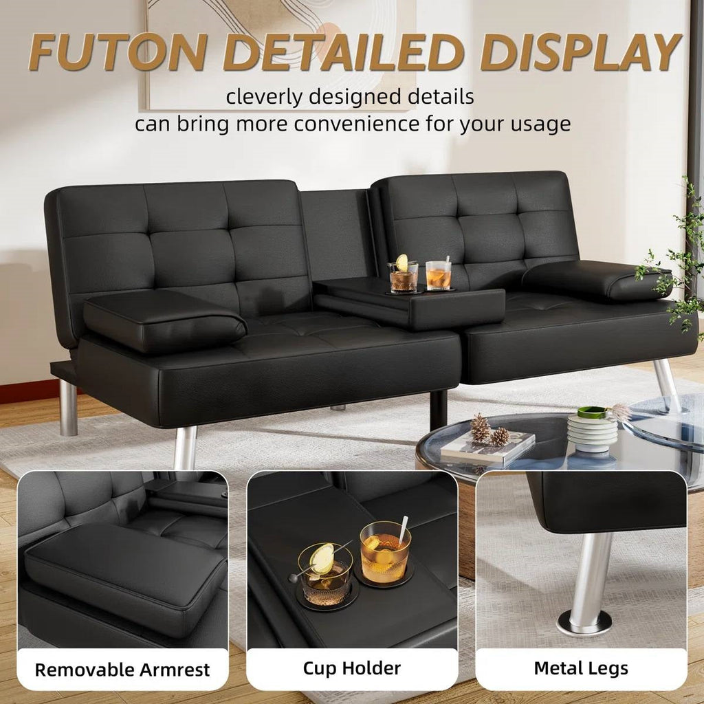Modern Black Faux Leather Futon Sofa Bed with Armrest and Metal Legs-2