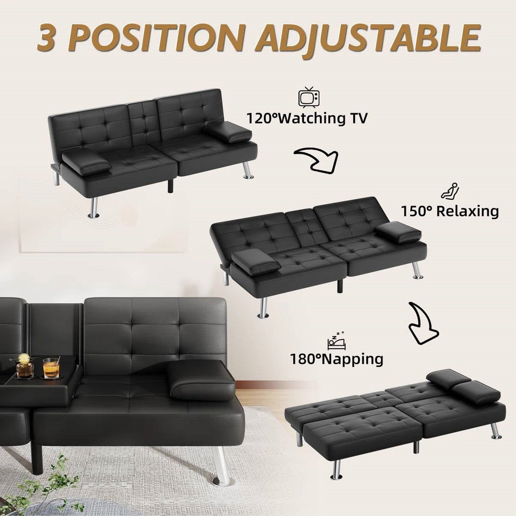 Modern Black Faux Leather Futon Sofa Bed with Armrest and Metal Legs-3