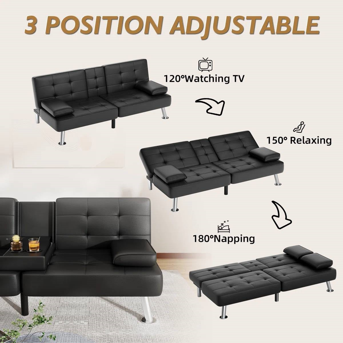 Modern Black Faux Leather Futon Sofa Bed with Armrest and Metal Legs-3