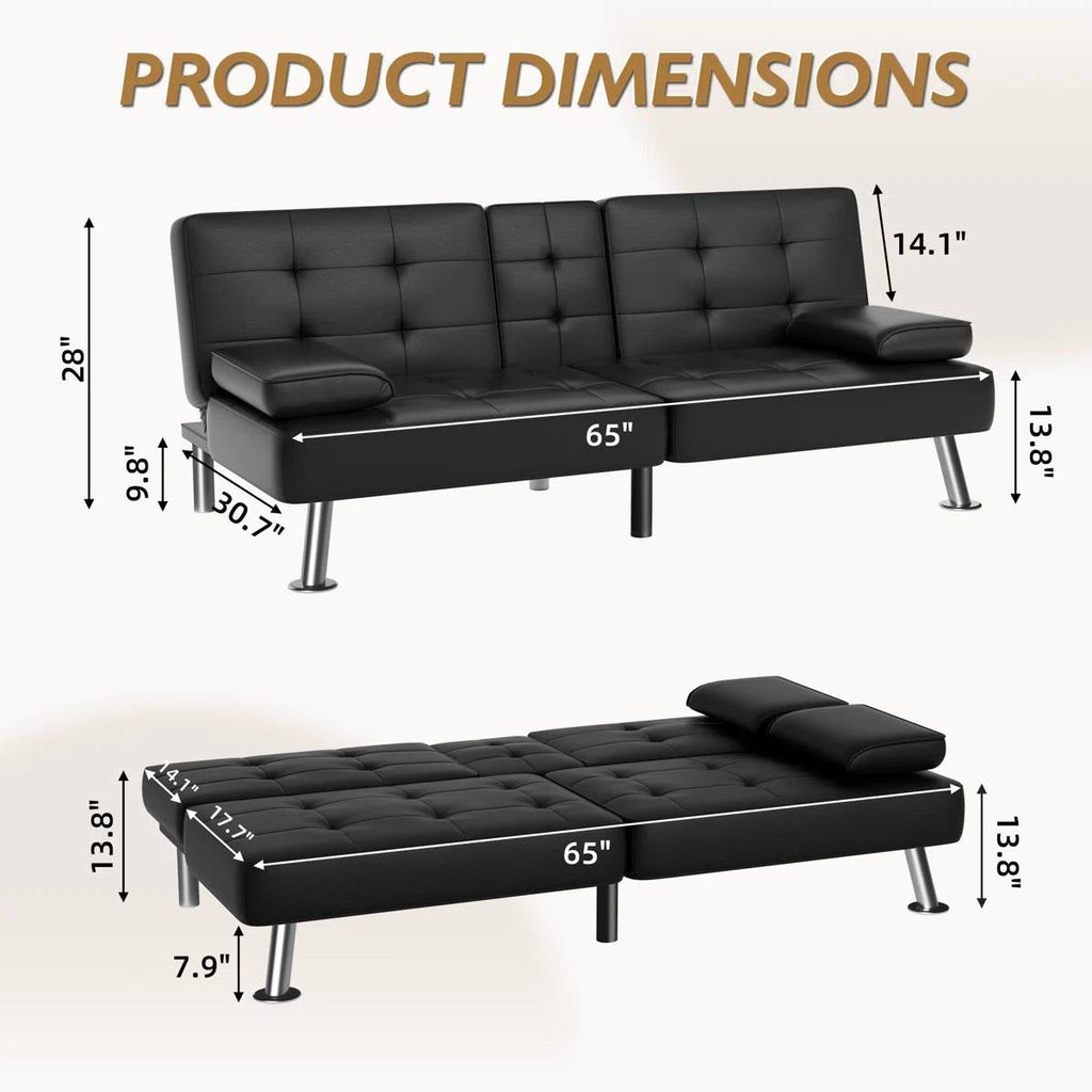 Modern Black Faux Leather Futon Sofa Bed with Armrest and Metal Legs-4