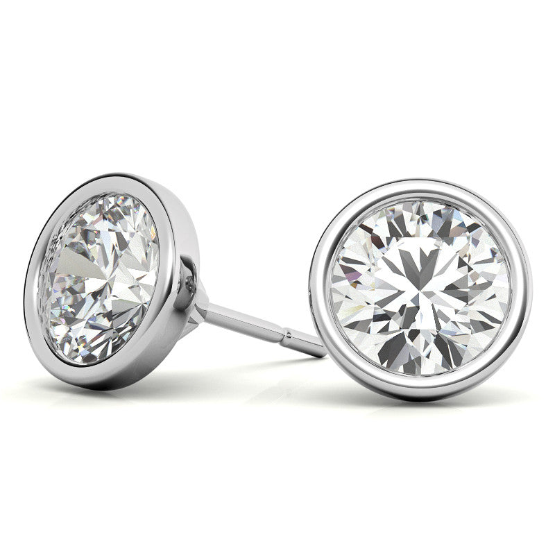 Bezel Round Lab Grown Diamond Stud Earrings in 14K White or Yellow Gold - 2.00 or 3.00 CTW-0