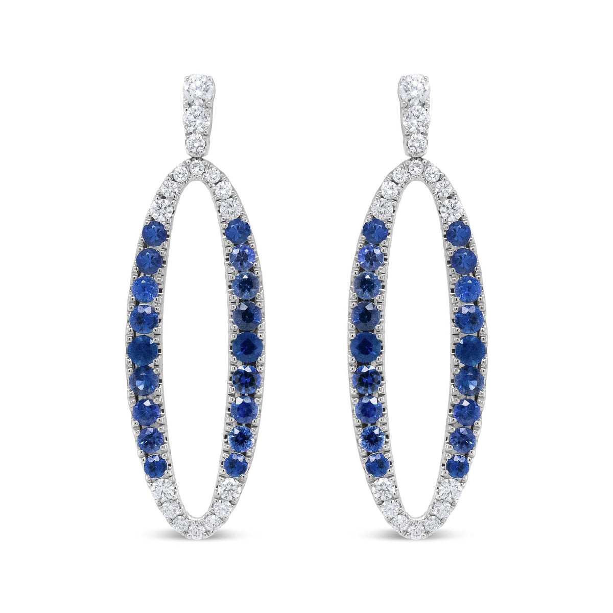 18K White Gold 1.11 Cttw Blue Round Diamond and Blue Sapphire Openwork Oval Shaped Dangle Earrings (F-G Color, VS1-VS2 Clarity)-0
