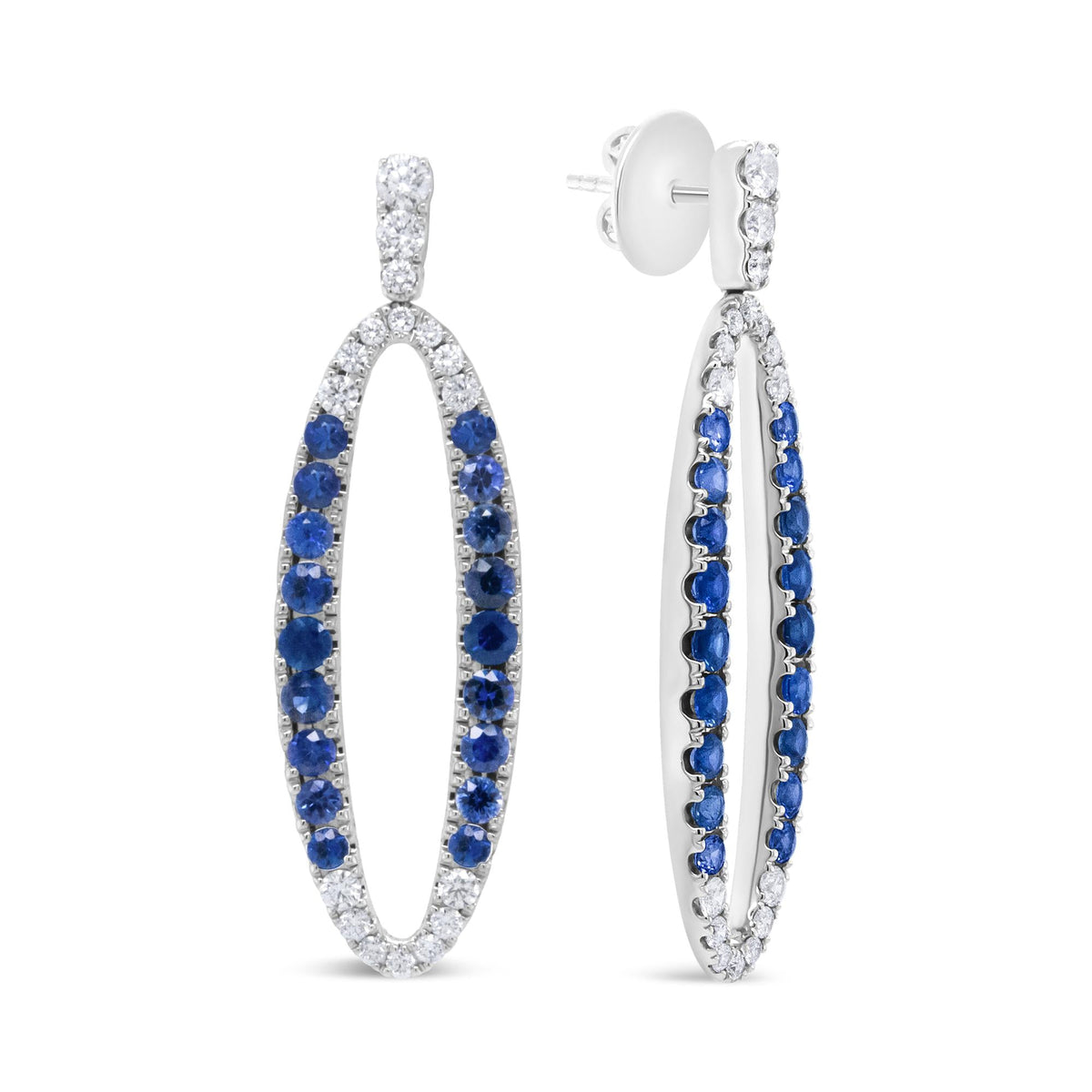 18K White Gold 1.11 Cttw Blue Round Diamond and Blue Sapphire Openwork Oval Shaped Dangle Earrings (F-G Color, VS1-VS2 Clarity)-3