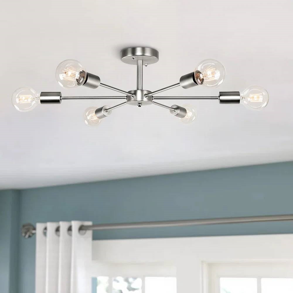 Modern 23-inch 6-Light Semi Flush Mount Sputnik Ceiling Light in Nickel Finish-1