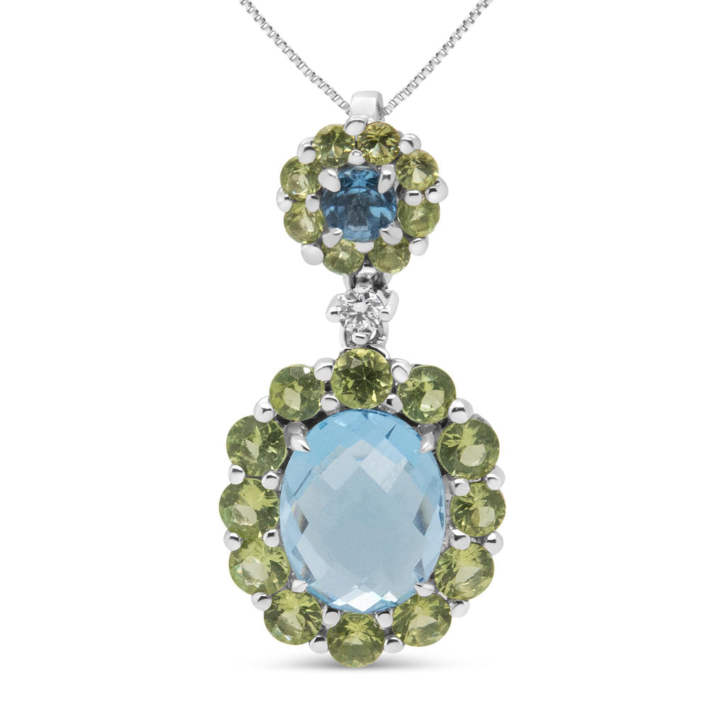 18k White Gold 0.05 Cttw Round Diamond and Blue Topaz and Green Peridot Gemstone Halo Drop 18" Pendant Necklace (F-G Color, VS1-VS2 Clarity)-0