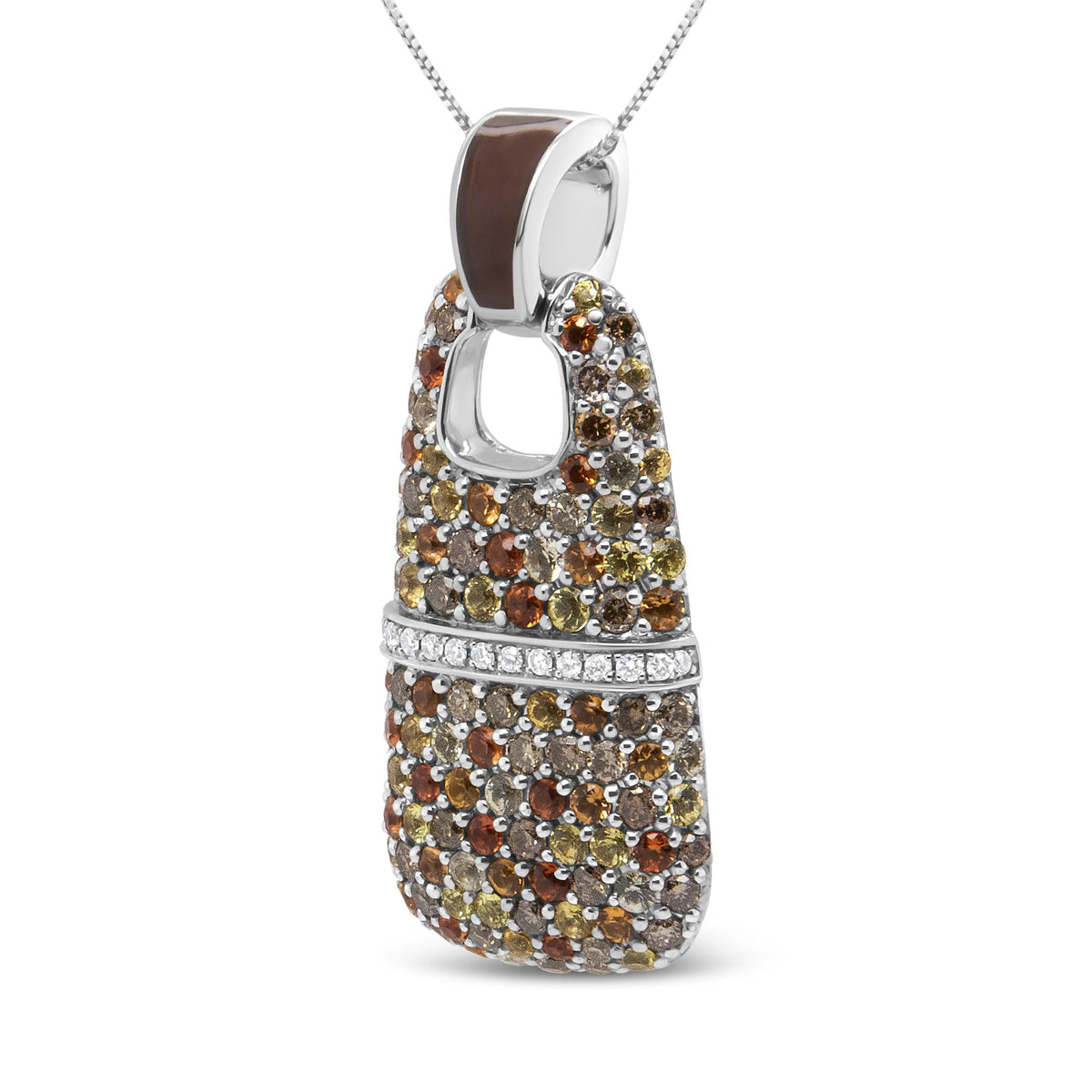 .925 Sterling Silver Brown Enamel 1 Cttw White and Brown Diamonds and  1.5mm Yellow and Orange Sapphire Gemstones Statement 18" Pendant Necklace (Brown and F-G Color, VS1-VS2 Clarity)-1