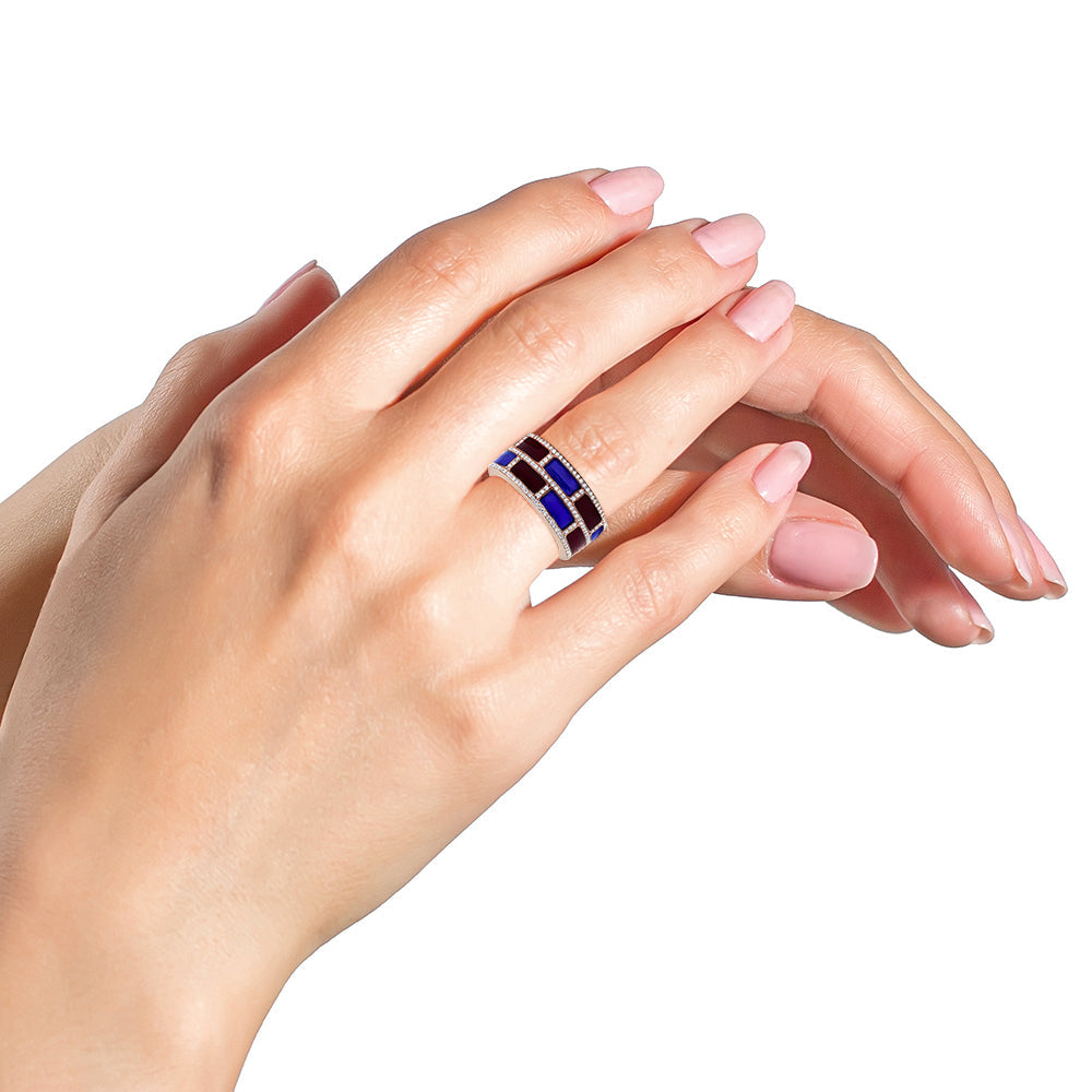 18K Rose Gold Alternating Red and Blue Enamel and 1/2 Cttw Diamond Studded Band Ring (F-G Color, VS1-VS2 Clarity)-2
