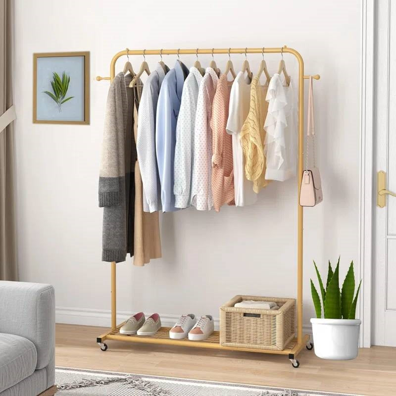Modern Garment Rack Clothes Hanging Rod with Lockable Wheels in Gold-0