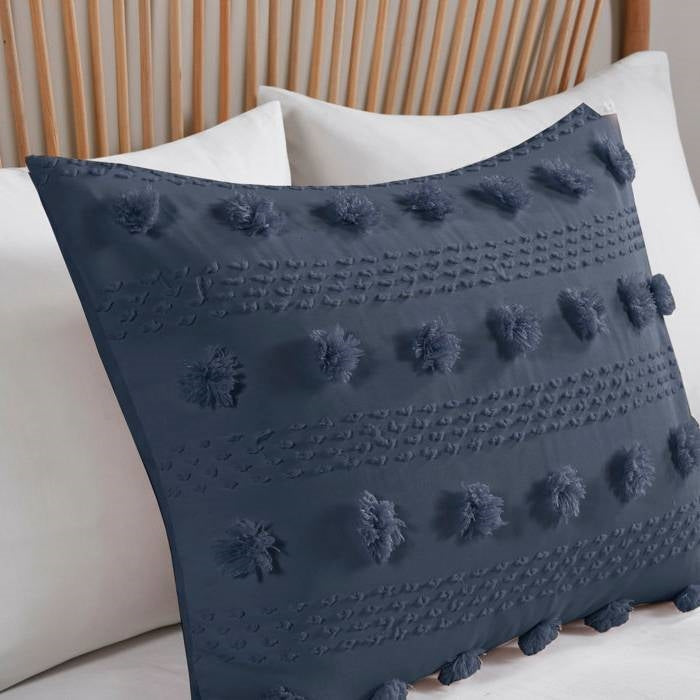 Full/Queen 3 Piece Navy Pompom Microfiber Hypoallergenic Comforter Set-2