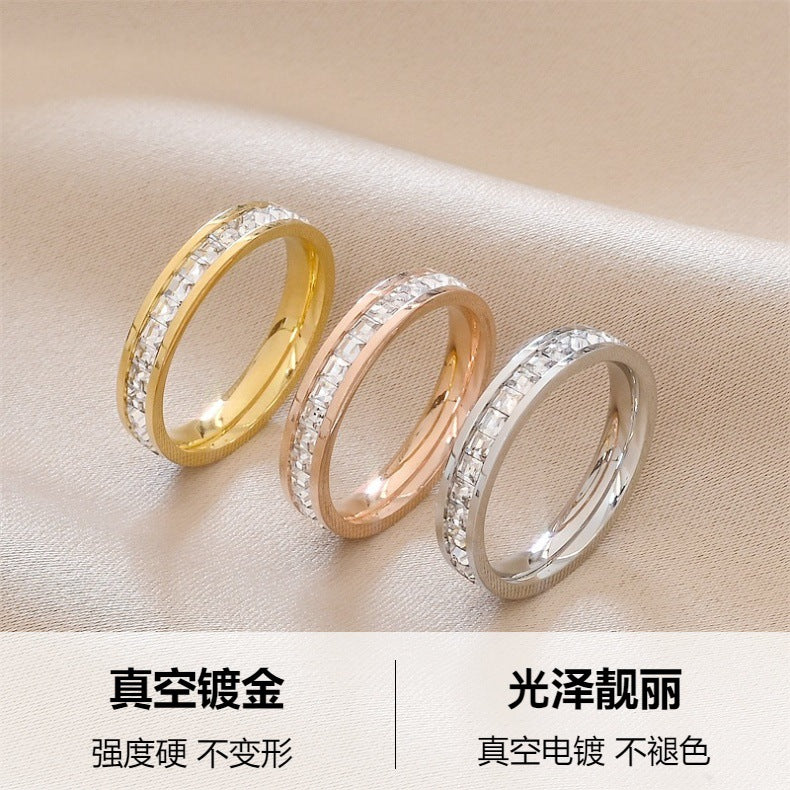 Hot Stainless Steel Single and Double Rows Full Diamond Titanium Steel Couple Rings for Women with Small Square Diamonds Personalized Simple Card Plus Titanium Steel Rings