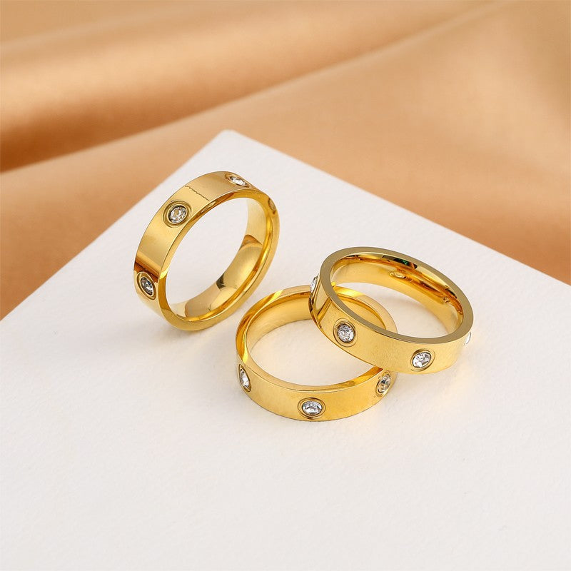 Hot Stainless Steel Single and Double Rows Full Diamond Titanium Steel Couple Rings for Women with Small Square Diamonds Personalized Simple Card Plus Titanium Steel Rings