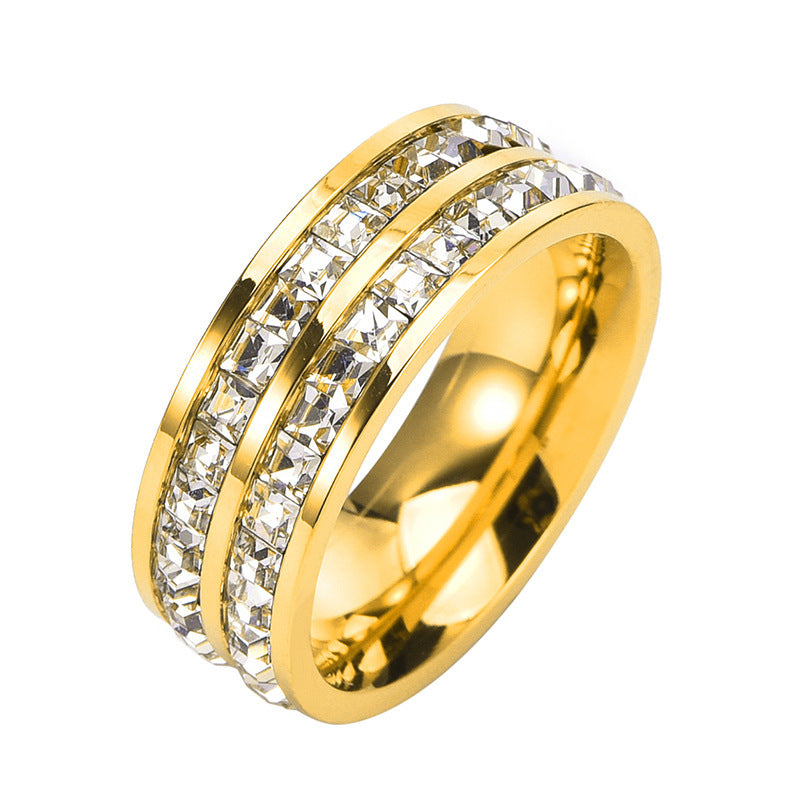 Hot Stainless Steel Single and Double Rows Full Diamond Titanium Steel Couple Rings for Women with Small Square Diamonds Personalized Simple Card Plus Titanium Steel Rings
