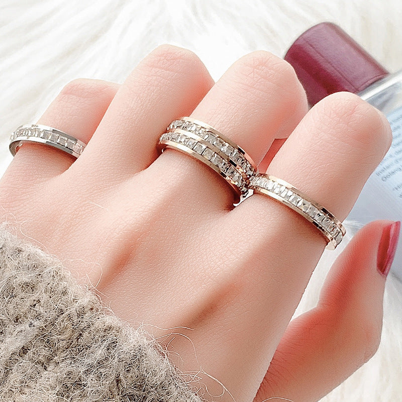 Hot Stainless Steel Single and Double Rows Full Diamond Titanium Steel Couple Rings for Women with Small Square Diamonds Personalized Simple Card Plus Titanium Steel Rings