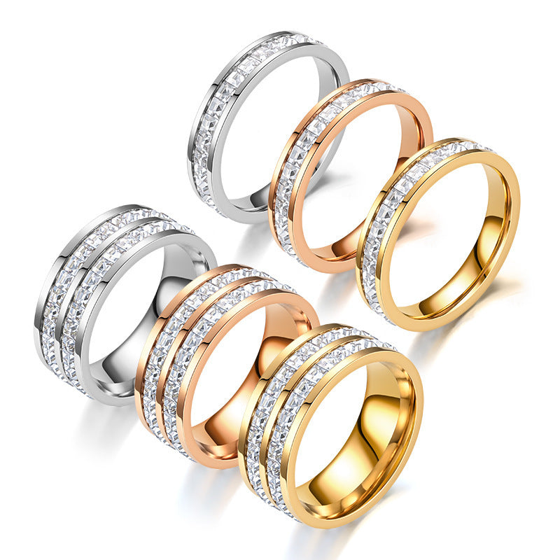 Hot Stainless Steel Single and Double Rows Full Diamond Titanium Steel Couple Rings for Women with Small Square Diamonds Personalized Simple Card Plus Titanium Steel Rings