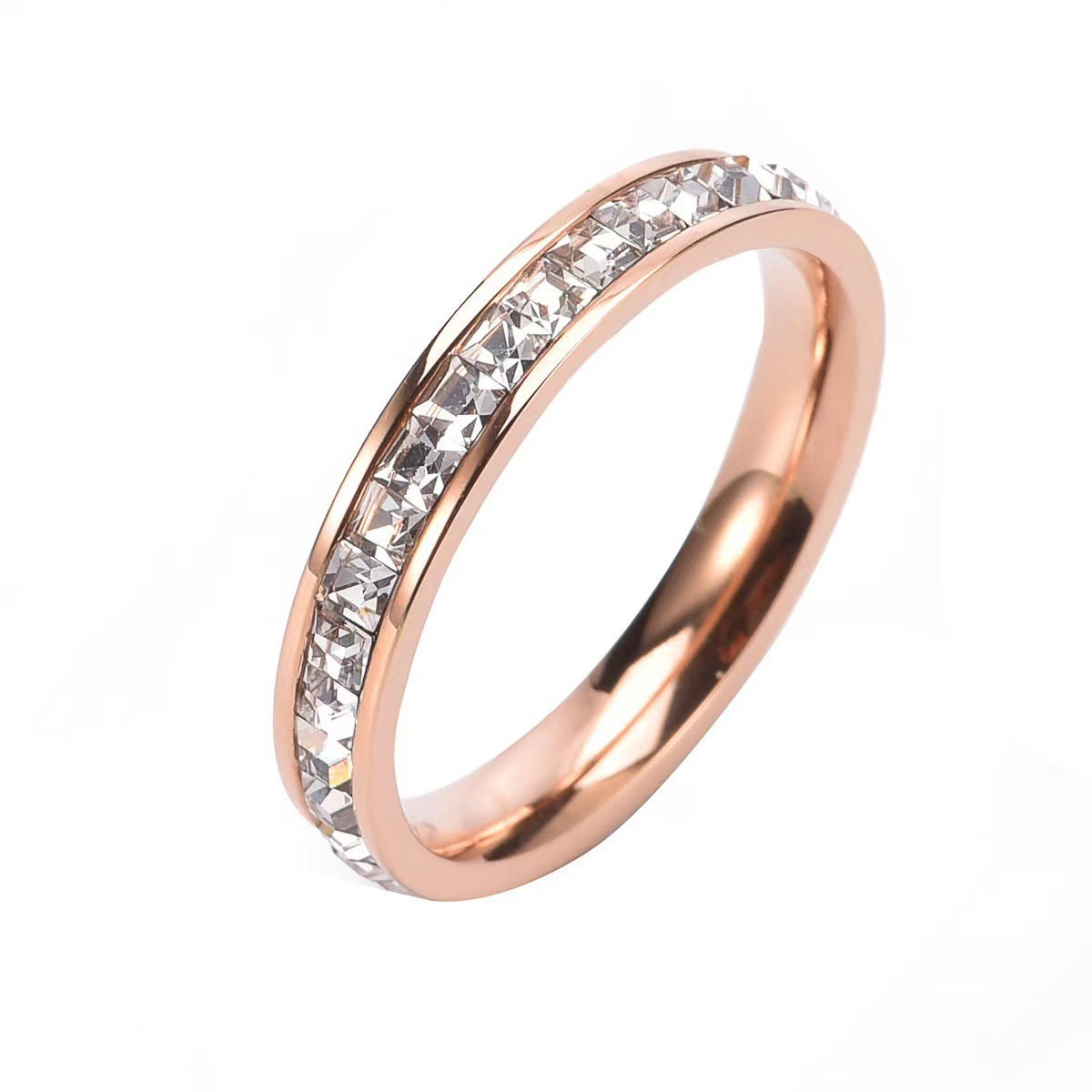 Hot Stainless Steel Single and Double Rows Full Diamond Titanium Steel Couple Rings for Women with Small Square Diamonds Personalized Simple Card Plus Titanium Steel Rings