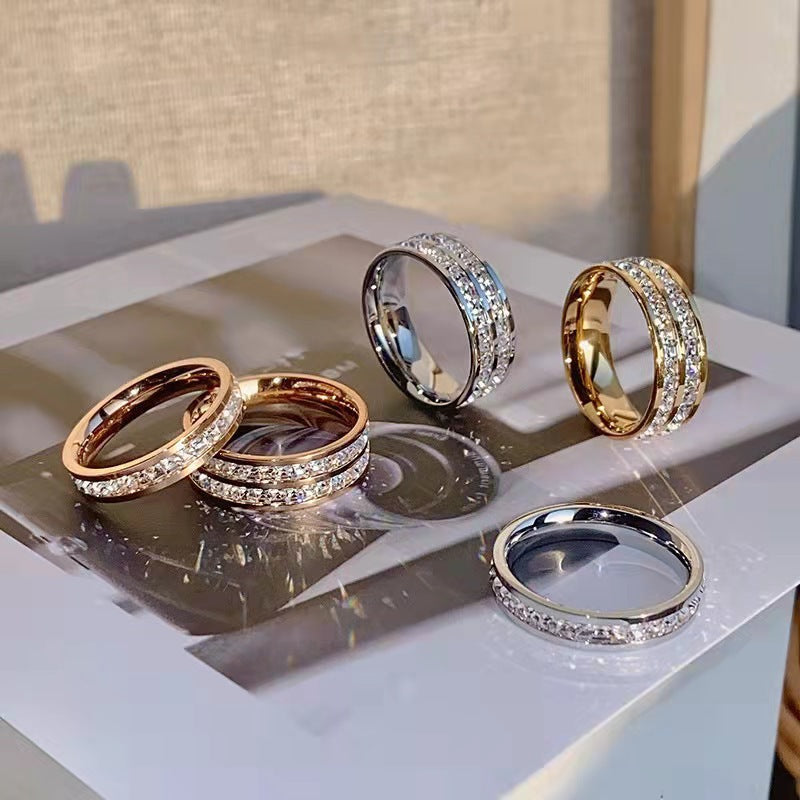 Hot Stainless Steel Single and Double Rows Full Diamond Titanium Steel Couple Rings for Women with Small Square Diamonds Personalized Simple Card Plus Titanium Steel Rings