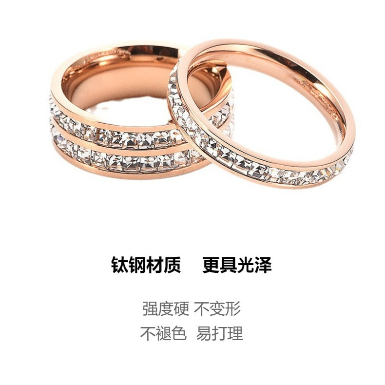 Hot Stainless Steel Single and Double Rows Full Diamond Titanium Steel Couple Rings for Women with Small Square Diamonds Personalized Simple Card Plus Titanium Steel Rings