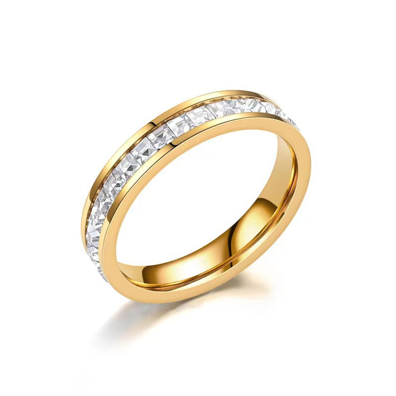 Hot Stainless Steel Single and Double Rows Full Diamond Titanium Steel Couple Rings for Women with Small Square Diamonds Personalized Simple Card Plus Titanium Steel Rings