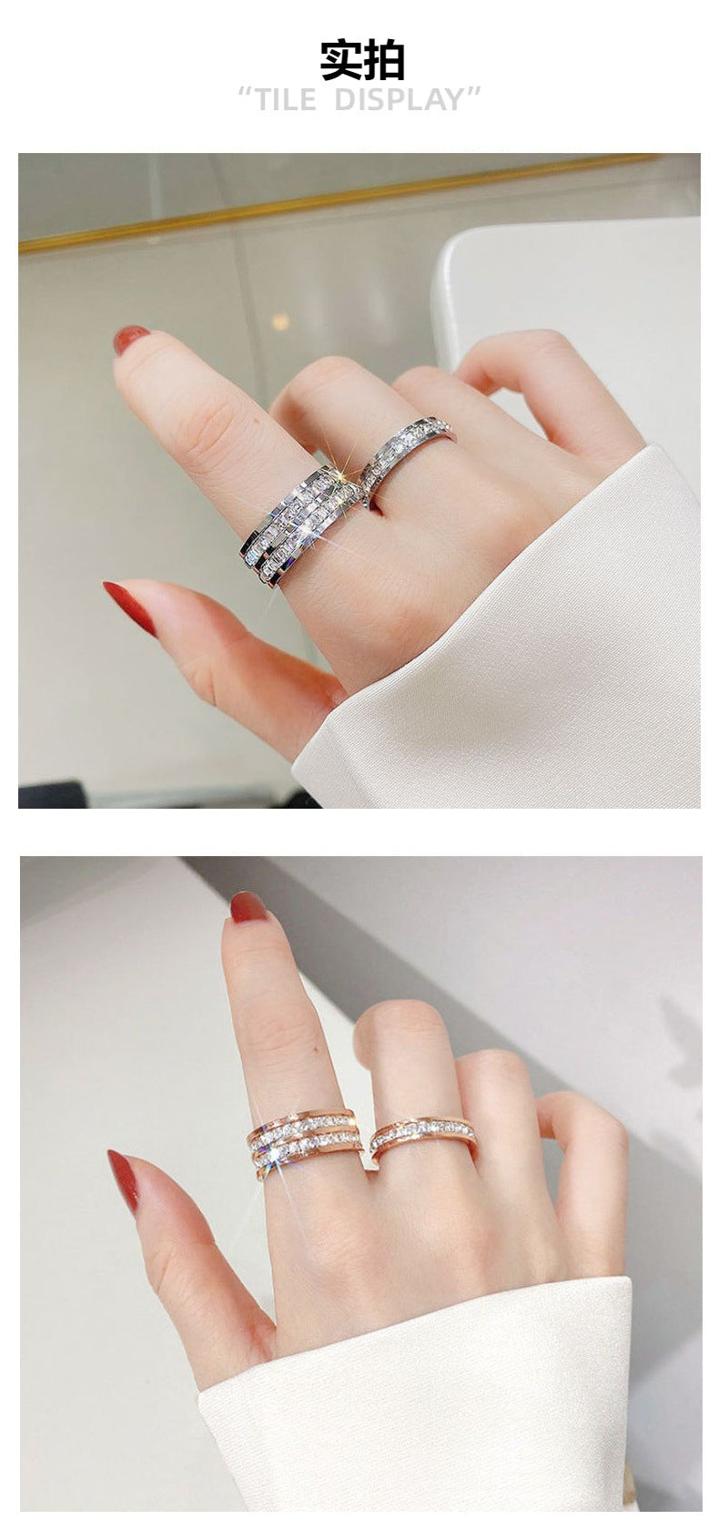 Hot Stainless Steel Single and Double Rows Full Diamond Titanium Steel Couple Rings for Women with Small Square Diamonds Personalized Simple Card Plus Titanium Steel Rings